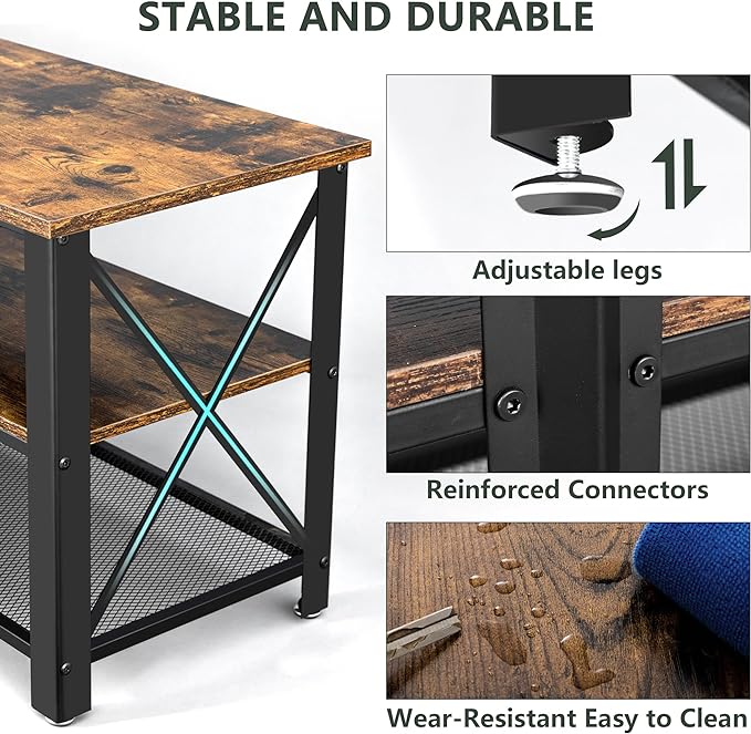 Clikuutory Modern Brown 63 inch Metal TV Stand with LED Lights and Power Outlets for 40 50 55 60 65 70 Inch TVs, 3 Tier Television Stands with Entertainment Center and Storage for Living Room, Bedroom - LeafyLoom