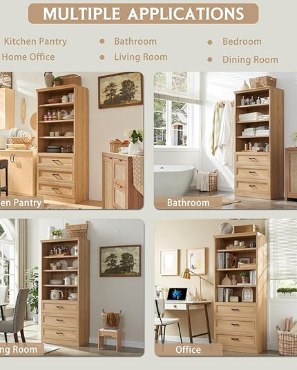 72" Tall Bookshlef with 3 Drawers, Farmhouse 4-Tier Bookcase with Adjustable Shlef, Wooden Storage Cabinet for Living Room, Kitchen, Home Office, Dining Room, Natural - LeafyLoom