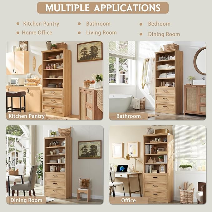 72" Tall Bookshlef with 3 Drawers, Farmhouse 4-Tier Bookcase with Adjustable Shlef, Wooden Storage Cabinet for Living Room, Kitchen, Home Office, Dining Room, Natural - LeafyLoom
