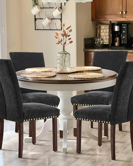 COLAMY Upholstered Parsons Dining Chairs Set of 6, Fabric Dining Room Kitchen Side Chair with Nailhead Trim and Wood Legs - F-Black - LeafyLoom