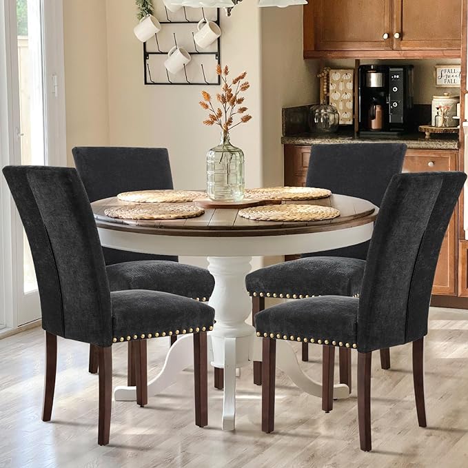 COLAMY Upholstered Parsons Dining Chairs Set of 2, Fabric Dining Room Kitchen Side Chair with Nailhead Trim and Wood Legs - F-Black - LeafyLoom