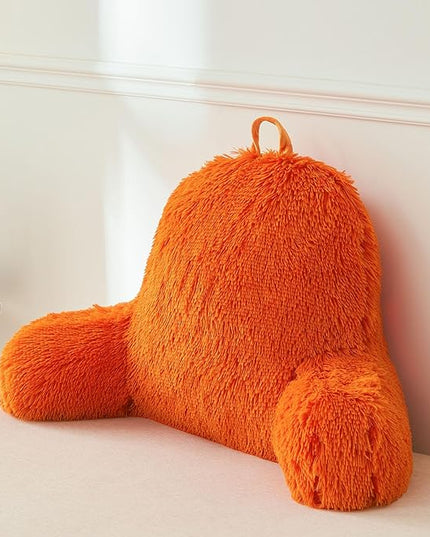 XeGe Fluffy Back Support Pillow Cover for Bed (No Filler), Faux Fur Back Rest Pillow Case for Sitting in Bed, Furry Reading Pillow Cover with Arms Adults Kids, Fuzzy Sit Up Pillow Floor Chair, Orange - LeafyLoom