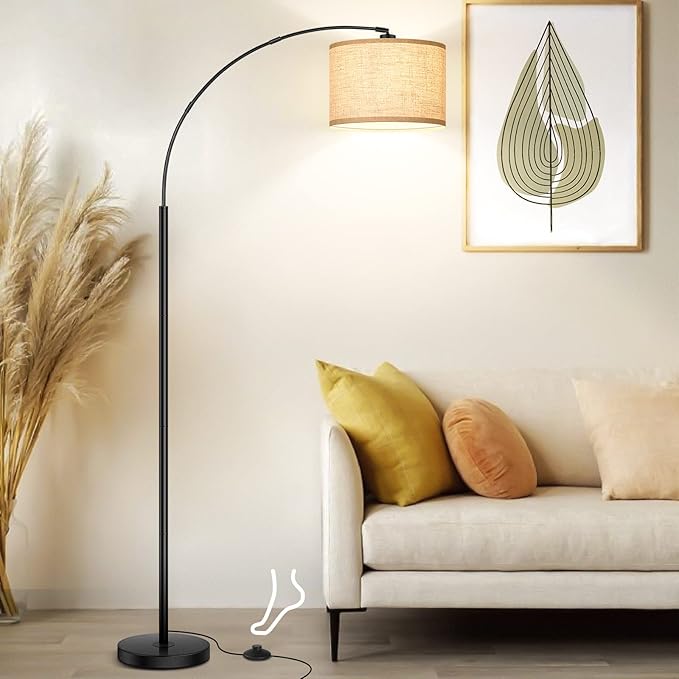 Arc Floor Lamps for Living Room, Modern Standing Lamp with Adjustable Hanging Drum Shade, 79'' Black Tall Pole Lamp with Weighted Base & Edison E26 Socket, Corner Light for Reading Bedroom Office - LeafyLoom