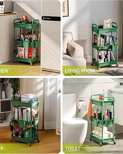 3 Tier Small Rolling Cart Organizer,Laundry Room Bathroom Organizers and Storage Office Shelves Mobile Shelving Unit Kitchen Trolley Cart with Wheels for Art,Craft,Diaper,Bedside,Snack(Green) - LeafyLoom