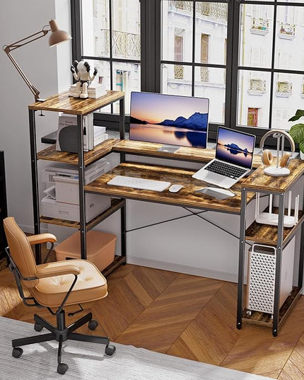 63-Inch Industrial Home Office Desk with Bookshelf, Gaming Computer Desk with Monitor Stand and Printer Shelf for Study, Writing, PC Work - LeafyLoom
