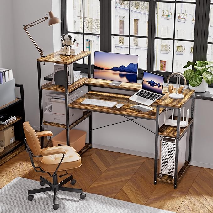 63-Inch Industrial Home Office Desk with Bookshelf, Gaming Computer Desk with Monitor Stand and Printer Shelf for Study, Writing, PC Work - LeafyLoom