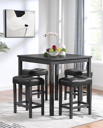 RITSU 5 Piece Industrial Bistro Dining Set, Square Breakfast Table + 4 Upholstered Stools, for Living, Small Apartment, Kitchen, Farmhouse, Game Room, Black - LeafyLoom