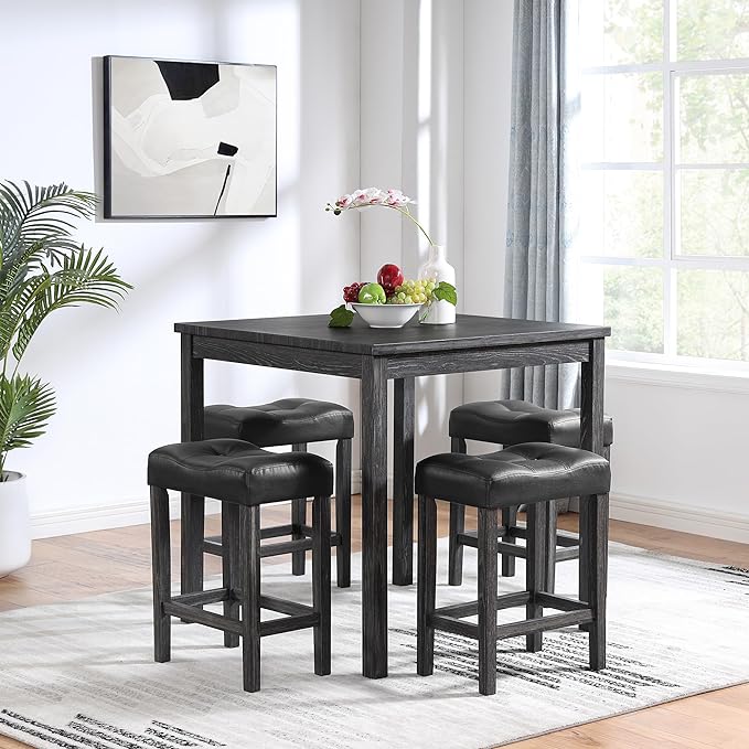 RITSU 5 Piece Industrial Bistro Dining Set, Square Breakfast Table + 4 Upholstered Stools, for Living, Small Apartment, Kitchen, Farmhouse, Game Room, Black - LeafyLoom