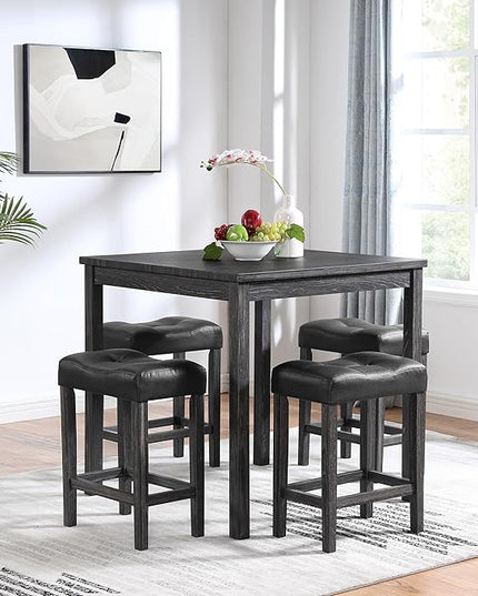 Home Kitchen 5 Piece Dining Set, Breakfast Tables with 4 Padded Stools, Industrial Bar Dinette Furniture for Living Room, Apartment, Space-Saving Design, Black - LeafyLoom