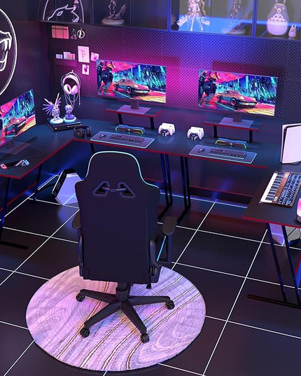 L Shaped Gaming Desk, 66 Inch Computer Corner Table with Large Monitor Stand & Carbon Fiber Surface for Home Office Study Writing Workstation, Black - LeafyLoom