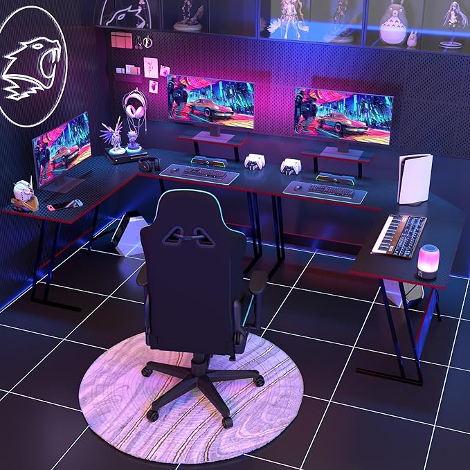 L Shaped Gaming Desk, 66 Inch Computer Corner Table with Large Monitor Stand & Carbon Fiber Surface for Home Office Study Writing Workstation, Black - LeafyLoom