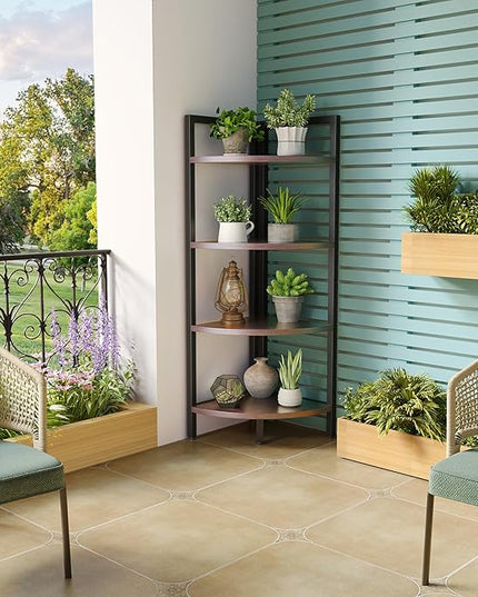 SAYGOER Corner Bookshelf 4 Tier Stand Corner Ladder Shelf Modern Storage Organizer Bookcase Industrial Display Rack Shelves for Small Space, Living Room,Brown - LeafyLoom