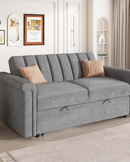 3 in 1 Oversized Convertible Loveseat Sleeper Sofa Bed,Contemporary Channel Tufted Love Seats Sofabed W/Pull Out Sleep Couch,Thicker Cushions and Padded Armrests for Living Room, 61", Grey-368 - LeafyLoom
