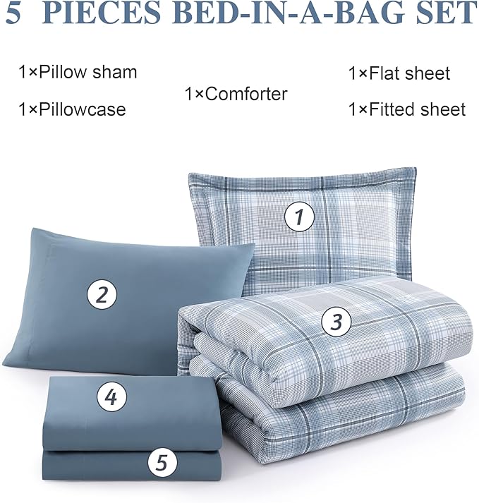 Blue King Size Comforter, Dorm Plaid Light Blue King Bedding Set Homestead-style King Size Bed Set for Bedroom (Light Blue,King,102"*90") - LeafyLoom