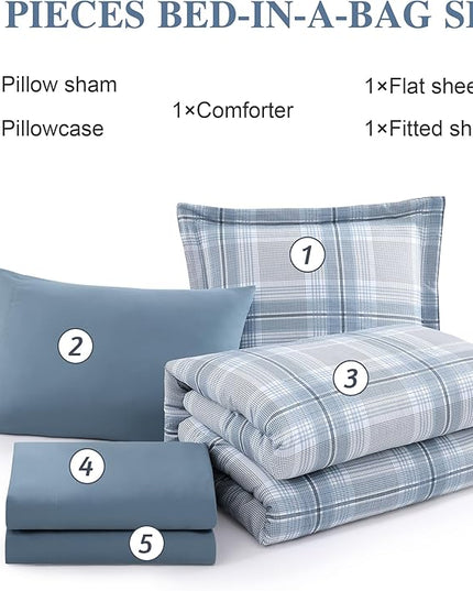 Light Blue Twin Bed Set, Plaid Twin XL Comforter Set for Boys & Girls,Classic Homestead-style Twin Comforter Set with Sheets and Comforter Set - LeafyLoom