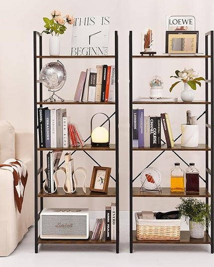 Yoobure 5 Tier Bookshelf - Tall Book Shelf Modern Bookcase for CDs/Movies/Books, Rustic Book Case Industrial Bookshelves Book Storage Organizer for Bedroom Home Office Living Room Rustic Brown - LeafyLoom