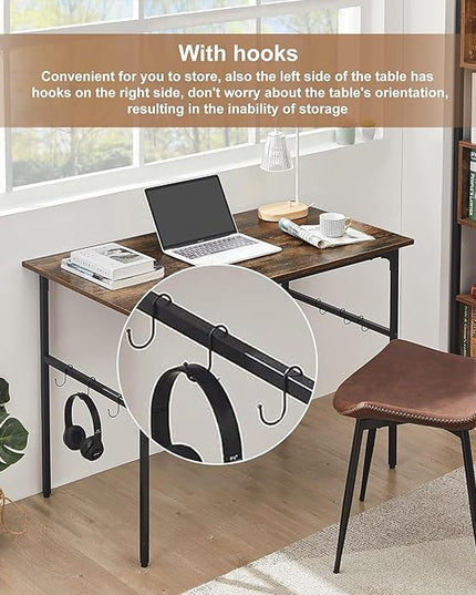 VECELO 44 Inch Computer Stable Writing Study Work 6 Hooks Adjustable Feet Wooden Desk for Home,Bedroom,Rusic Brown, 44Inches - LeafyLoom