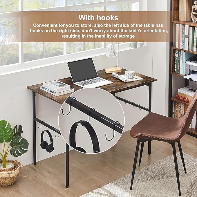 VECELO 44 Inch Computer Stable Writing Study Work 6 Hooks Adjustable Feet Wooden Desk for Home,Bedroom,Rusic Brown, 44Inches - LeafyLoom