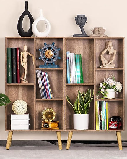 5 Cube Small Bookshelf,3 Tier Mid-Century Modern Bookcase with Legs,Wood Kids Bookshelves Storage Organizer Shelf,Free Standing Narrow Book Shelves,Oak Grey Corner Bookcases for Bedroom,Living Room - LeafyLoom