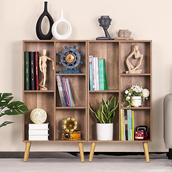 5 Cube Small Bookshelf,3 Tier Mid-Century Modern Bookcase with Legs,Wood Kids Bookshelves Storage Organizer Shelf,Free Standing Narrow Book Shelves,Oak Grey Corner Bookcases for Bedroom,Living Room - LeafyLoom