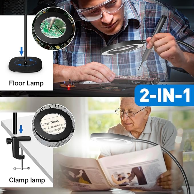 HITTI 10X Magnifying Glass with Light and Clamp, Hands Free Magnifying Floor Lamp with Flexible Gooseneck, 3 Color Stepless Dimmable LED Lighted Magnifier Light Stand for Esthetician Craft Close Works - LeafyLoom