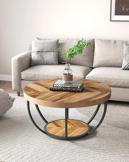 Round Coffee Table, 32" Circle Coffee Table for Living Room, 2-Tier Wood Accent Center Table with Open Storage Industrial Design Home Furniture (Wood Grain and Black) - LeafyLoom