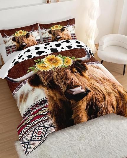 HOSIMA Highland Cow Decor Comforter with 2 Pillowcases,Animal Theme Western Bedding Sets Queen,Brown Cowhide Black White Cow Print Comforter Set for Adults Kids,Sunflower Comforter. - LeafyLoom