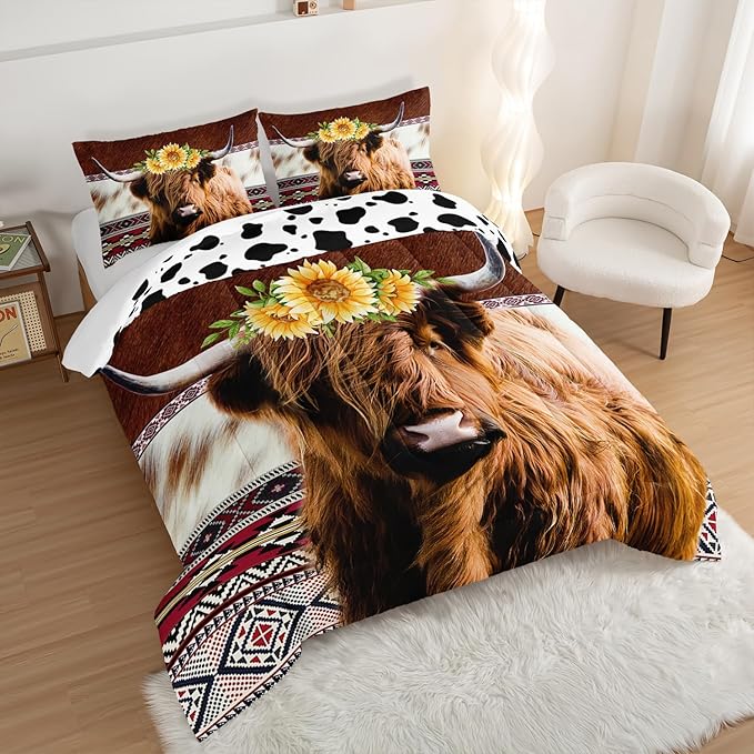 HOSIMA Highland Cow Decor Comforter with 2 Pillowcases,Animal Theme Western Bedding Sets Queen,Brown Cowhide Black White Cow Print Comforter Set for Adults Kids,Sunflower Comforter. - LeafyLoom