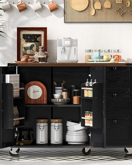 54.5" Farmhouse Island with Power Outlet & Drop Leaf, Rolling Kitchen Cart on Wheels w/Internal Storage, Spice, Towel Rack and Drawers, for Home, Dining Room, Black, 54.5 Inch - LeafyLoom