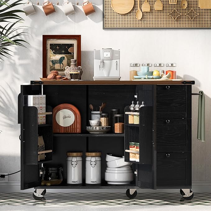 54.5" Farmhouse Island with Power Outlet & Drop Leaf, Rolling Kitchen Cart on Wheels w/Internal Storage, Spice, Towel Rack and Drawers, for Home, Dining Room, Black, 54.5 Inch - LeafyLoom