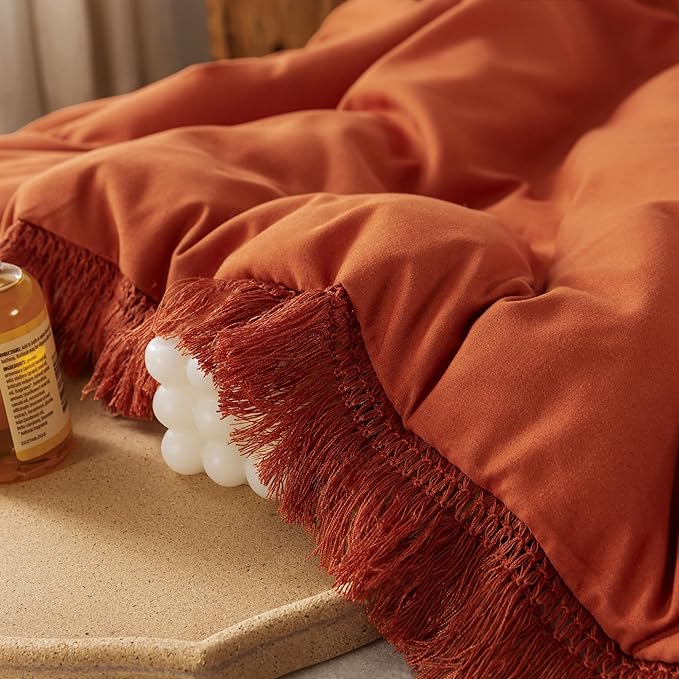 Andency King Size Comforter Set Burnt Orange, 3 Pieces Boho Terracotta Soft Lightweight Bedding Comforter Sets, Rust Tassel All Season Bed Set (104x90In Comforter & 2 Pillowcases) - LeafyLoom