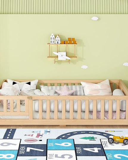 Multifunctional Full Size Floor Bed with Safety Guardrails and Door, Removable Wood Slats, Montessori Beds Frame for Toddlers, for Boys and Girls, Natural - LeafyLoom