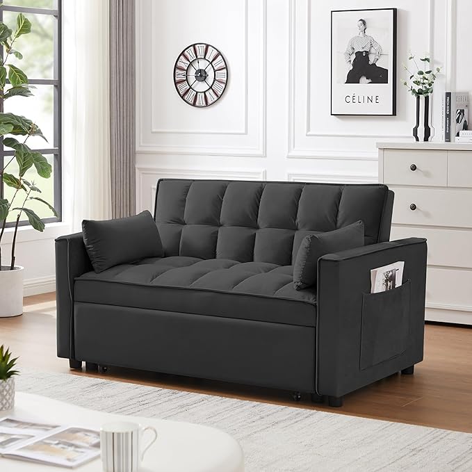 55" 3 in 1 Convertible Loveseat Futon Sofa Couch of Mordern Velvet w/Pullout Bed, Small Love Seat Lounge Sleeper w/Reclining Backrest, Toss Pillows, Pockets, Furniture for Living Room Bed - LeafyLoom