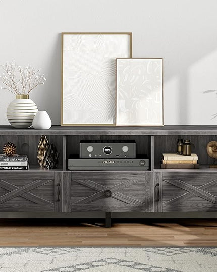 YITAHOME Mid-Century TV Stand for 70/65/60/55 inch, Boho Wood TV Table Farmhouse Media Console with Storage Cabinet and Open Shelves for Living Room, Bedroom, 65 inch, Grey - LeafyLoom