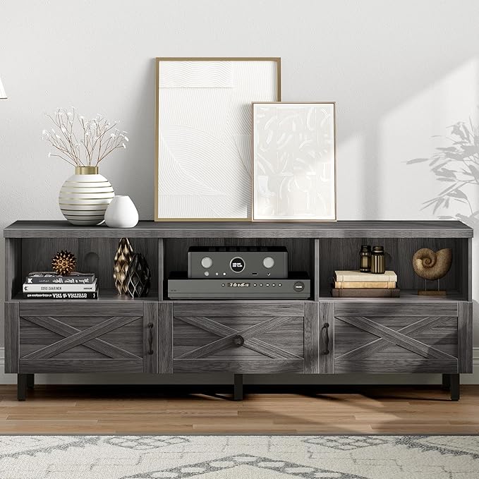 YITAHOME Mid-Century TV Stand for 70/65/60/55 inch, Boho Wood TV Table Farmhouse Media Console with Storage Cabinet and Open Shelves for Living Room, Bedroom, 65 inch, Grey - LeafyLoom