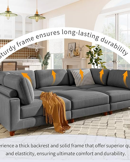 163.8" 6-Seater Upholstered Corner Couch,Large L Shaped Modular Sectional Sofa with Ottoman for Living Room Office Spacious Space Furniture Sets, 163.8 Inch, Gray - LeafyLoom
