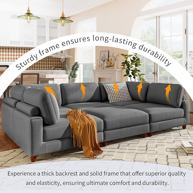 163.8" 6-Seater Upholstered Corner Couch,Large L Shaped Modular Sectional Sofa with Ottoman for Living Room Office Spacious Space Furniture Sets, 163.8 Inch, Gray - LeafyLoom