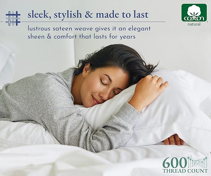 California Design Den Luxury Queen Size Sheet Set - 100% Cotton, 600 Thread Count Deep Pocket Queen Sheets, Hotel-Quality Bedding with Sateen Weave - White Embroidered Navy - LeafyLoom