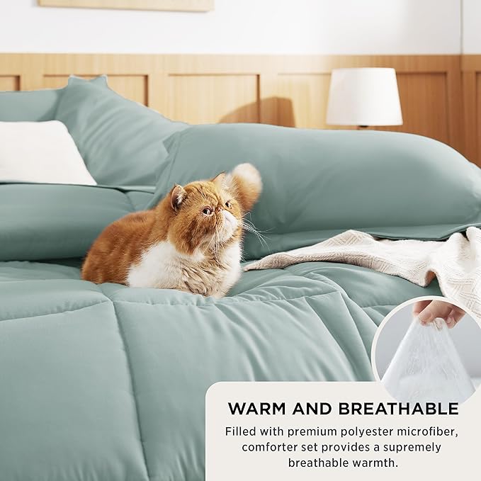Bedsure Sage Green King Size Comforter Set - 7 Pieces Solid King Bed in a Bag, King Bed Set Sage Green with Quilted Warm Fluffy Comforters, Sheets, Pillowcases & Shams - LeafyLoom