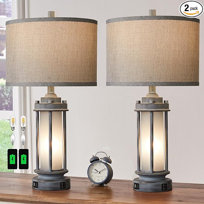 Set of 2 Rustic Table Lamps for Living Room, Farmhouse Vintage Nightstand Lamp with 2 USB Ports, Antique Retro Light Green Glass Night Light for Bedroom Entryway, 4 Bulbs Included… - LeafyLoom