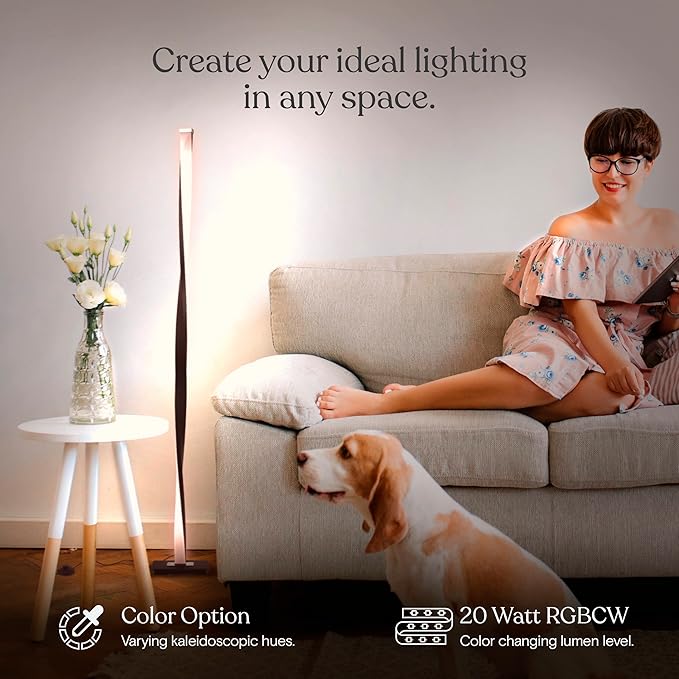Brightech Helix Modern Color Changing LED Floor Lamp - 48” Tall Lamp with RGB Color Gradient and Contemporary Twisting Column Pole - Corner or End Table Standing Lamp - Built-in NO APP - Black - LeafyLoom