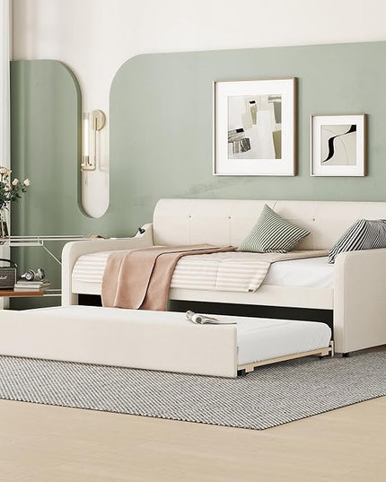 Twin Size Daybed Frame with Pop up Trundle,Upholstered Day Bed with Charging Station,Daybed with Trundle Bed Twin,Wood Sofa Bed Frame with USB for Bedroom,Living Room,Guest,Office,Twin,Beige - LeafyLoom