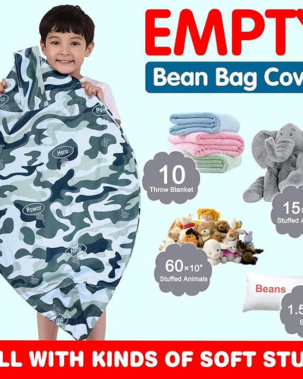 Lukeight Stuffed Animal Storage Bean Bag Chair Cover for Kids, Zipper Beanbag Chair Cover for Organizing Toddler & Kids' Rooms Plush Toys (Camo Velvet, Large) - LeafyLoom