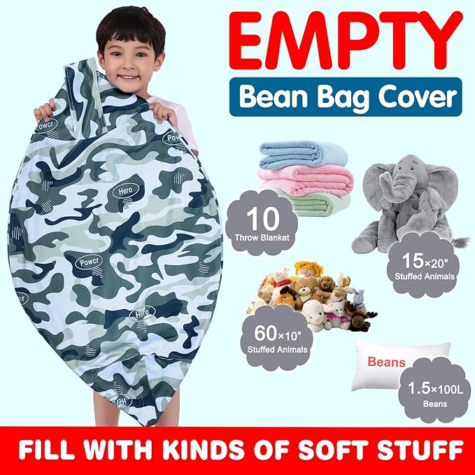 Lukeight Stuffed Animal Storage Bean Bag Chair Cover for Kids, Zipper Beanbag Chair Cover for Organizing Toddler & Kids' Rooms Plush Toys (Camo Velvet, Large) - LeafyLoom