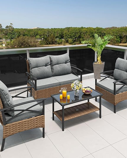YITAHOME 4-Piece Patio Furniture Wicker Outdoor Bistro Set, All-Weather Rattan Conversation Loveseat Chairs for Backyard, Balcony and Deck with Soft Cushions and Metal Table (Light Brown+Gray) - LeafyLoom