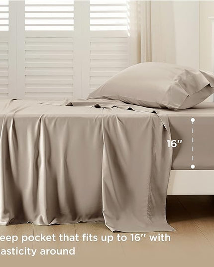 Bedsure Twin Sheets Set, Cooling Sheets Twin Size Bed Set, Rayon Derived from Bamboo, Twin Size Sheets, Breathable & Soft Bed Sheets, Hotel Luxury Silky Bedding Sheets & Pillowcases, Simply Taupe - LeafyLoom