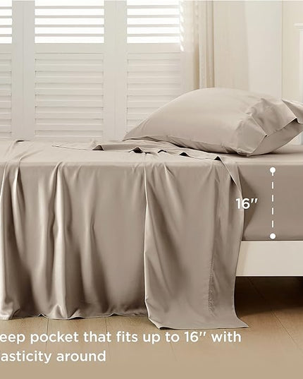 Bedsure Twin XL Sheet Set Dorm Bedding, Cooling Sheets Twin Extra Long Sheets, Rayon Derived from Bamboo, Deep Pocket Up to 16", Hotel Luxury Silky Bedding Sheets & Pillowcases, Simply Taupe - LeafyLoom