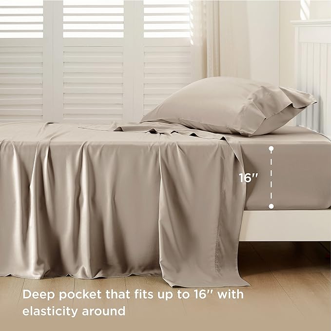 Bedsure Twin XL Sheet Set Dorm Bedding, Cooling Sheets Twin Extra Long Sheets, Rayon Derived from Bamboo, Deep Pocket Up to 16", Hotel Luxury Silky Bedding Sheets & Pillowcases, Simply Taupe - LeafyLoom