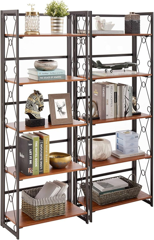 VECELO Folding Bookshelf,5 Tier Bookcase Foldable Easy Assembly, Industrial Book Shelf Storage Organizer with X Metal Frame and Anti-Toppling Design, - LeafyLoom