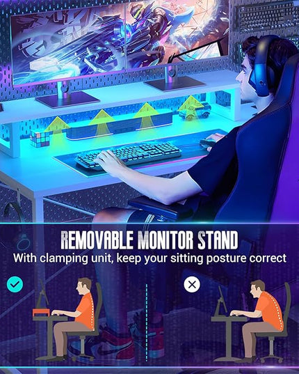 Homieasy L Shaped Gaming Desk with Power Outlet & LED Light, 55 Inch Computer Desk with Storage Shelves, Reversible Corner Desk with Monitor Stand Headset Hooks for Home Office, White - LeafyLoom